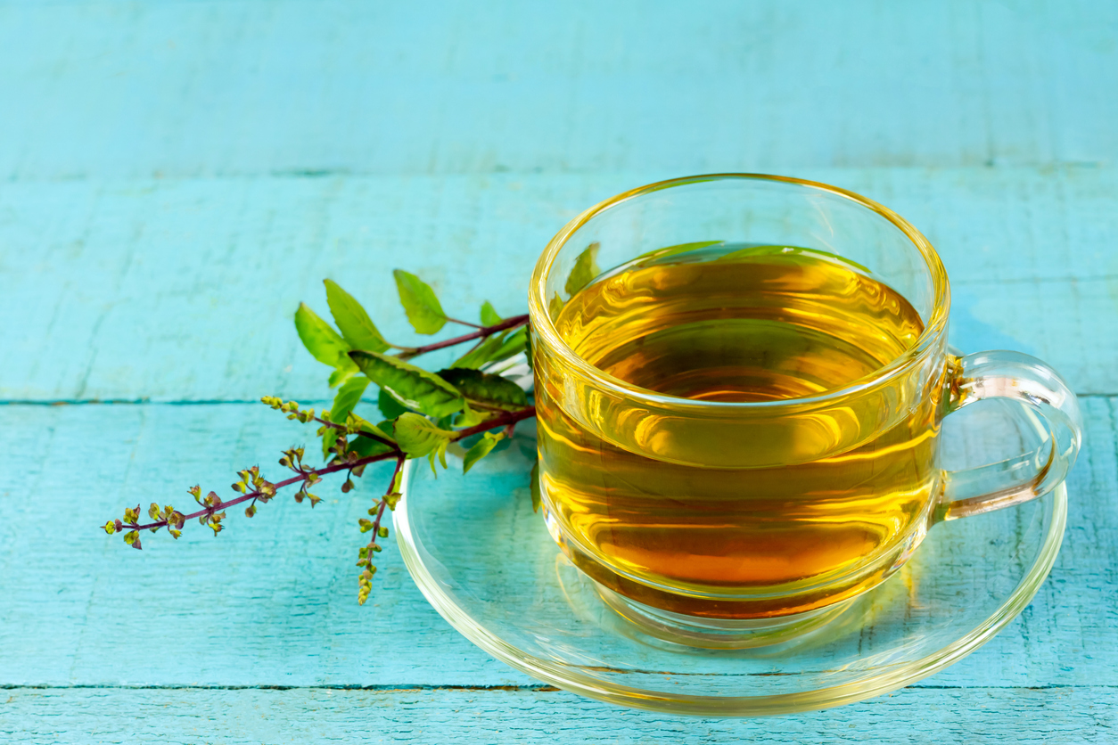 cana cu ceai de busuioc si o crenguta de busuioc