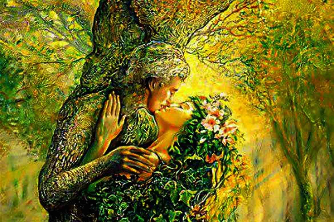 o reperezentare grafica a zeului Dragobete ce saruta o tanara fata