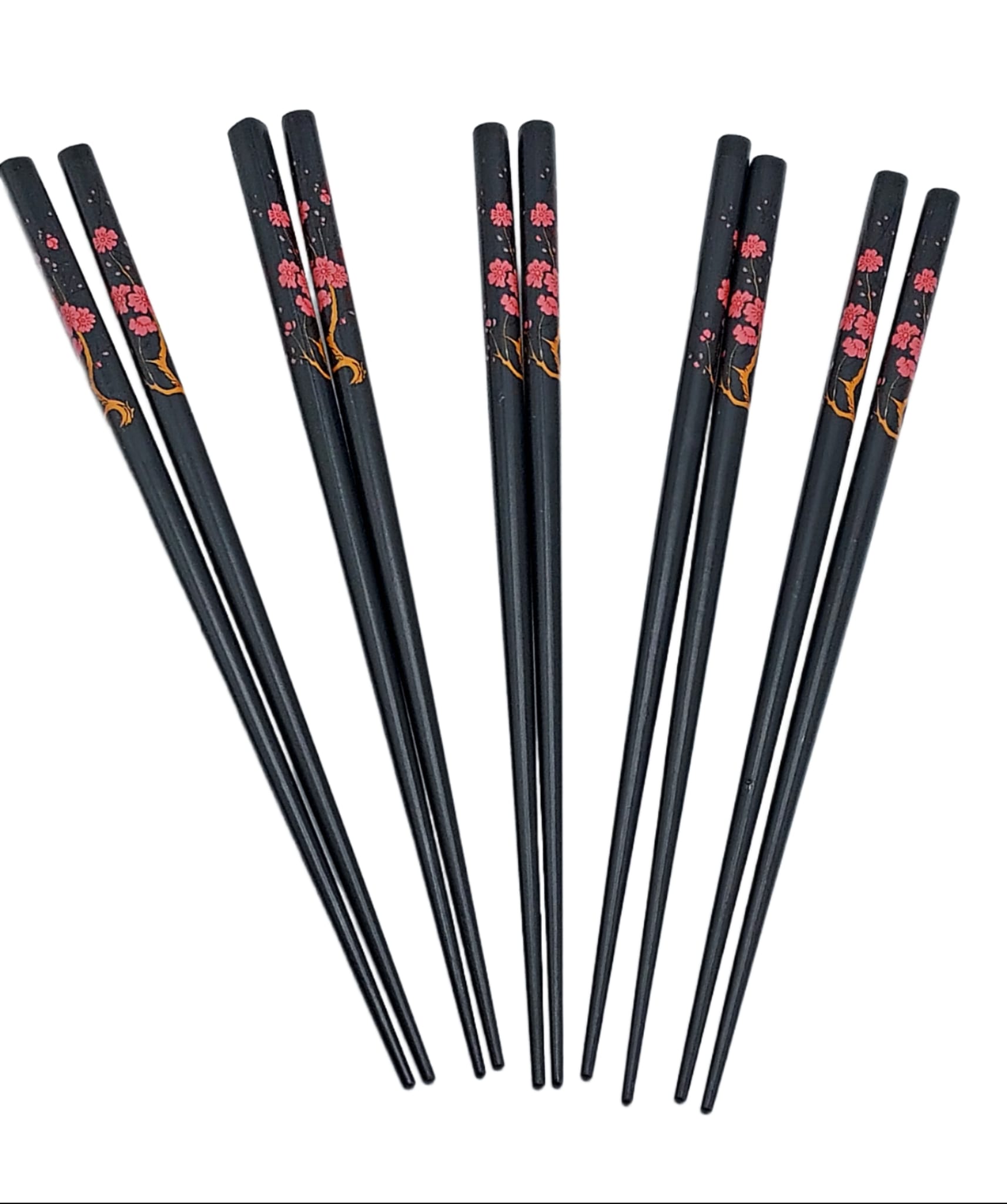 5 Perechi Betisoare – Bambus – Negre Model Floral Roz & Maro – 24 cm