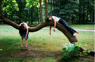 2 feme care dorm pe trunchiul unui copac