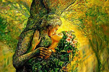 o reperezentare grafica a zeului Dragobete ce saruta o tanara fata