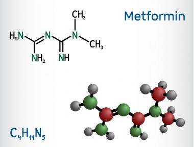 Molecula de metformină. Este un agent antihiperglicemic biguanide utilizat în managementul diabetului de tip II. Formula chimică structurală, modelul moleculei....